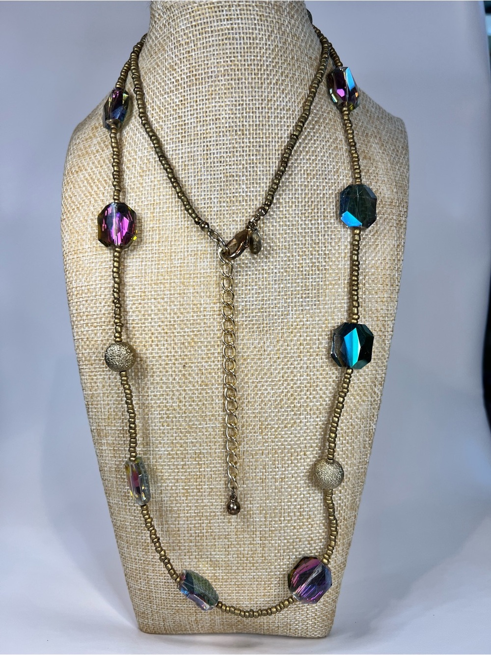 Vintage Chico’s Brass faceted AB crystal glass statement bohemian long necklace